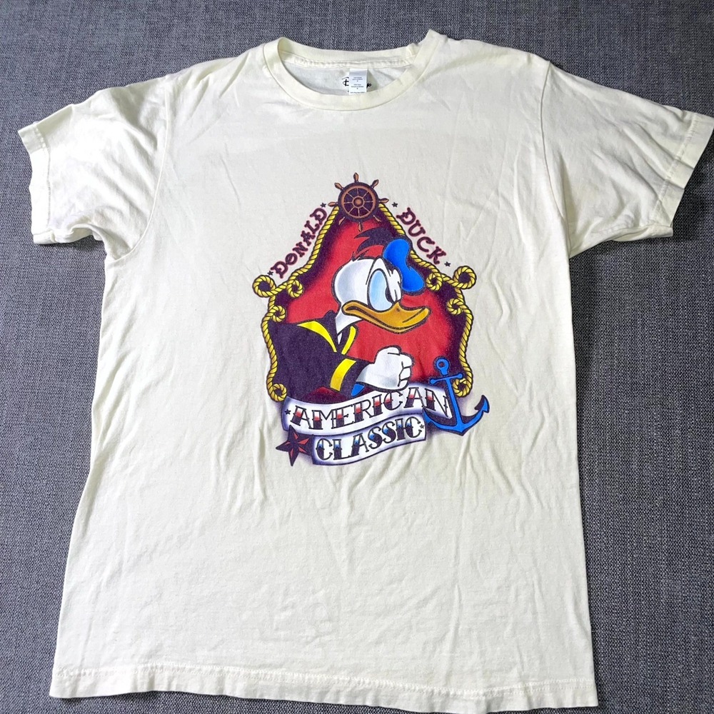 Disney Donald Duck T Shirt Mens Medium Beige Graphic Print Cotton Crew Neck